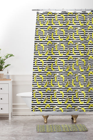 Little Arrow Design Co Bananas on Stripes Shower Curtain And Mat