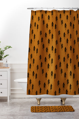 Little Arrow Design Co black trees on dark maple Shower Curtain And Mat
