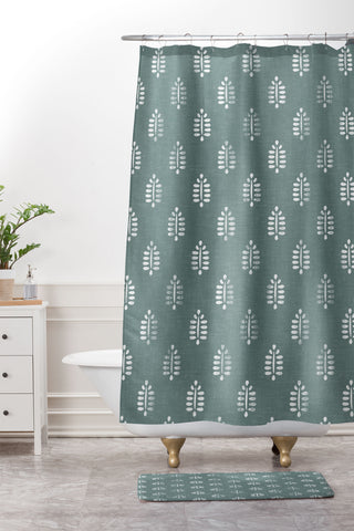 Little Arrow Design Co block print ferns teal Shower Curtain And Mat