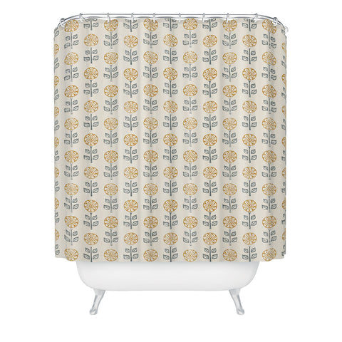 Little Arrow Design Co block print floral gold blue Shower Curtain