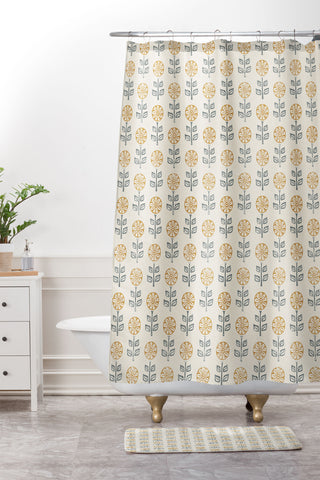 Little Arrow Design Co block print floral gold blue Shower Curtain And Mat