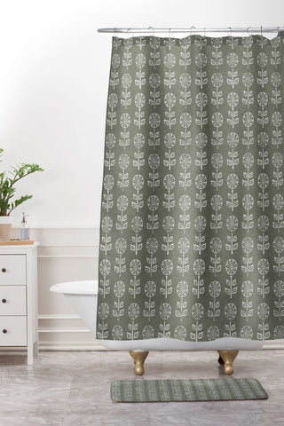 Little Arrow Design Co block print floral olive green Shower Curtain And Mat