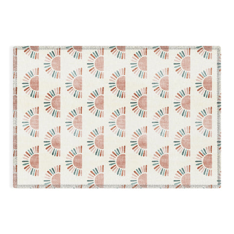 Little Arrow Design Co block print suns jade and dusty rose Outdoor Rug
