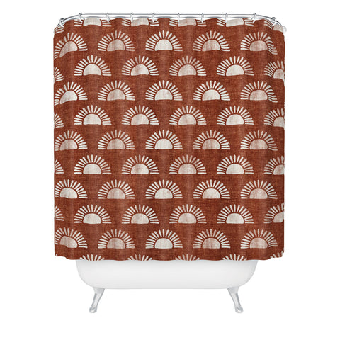 Little Arrow Design Co block print suns on rust Shower Curtain