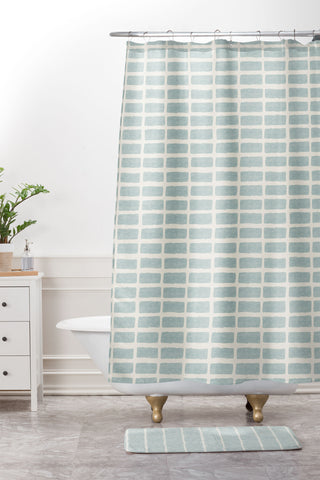 Little Arrow Design Co block print tile dusty blue Shower Curtain And Mat