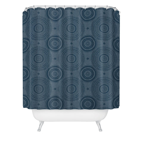 Little Arrow Design Co boho sun and stars dark blue Shower Curtain