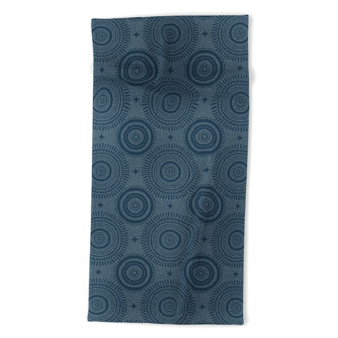Little Arrow Design Co boho sun and stars dark blue Beach Towel