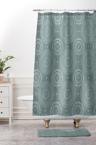 Little Arrow Design Co boho sun and stars dark teal Shower Curtain And Mat