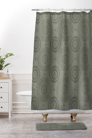 Little Arrow Design Co boho sun and stars olive Shower Curtain And Mat