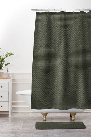 Little Arrow Design Co boho triangle stripes olive green Shower Curtain And Mat
