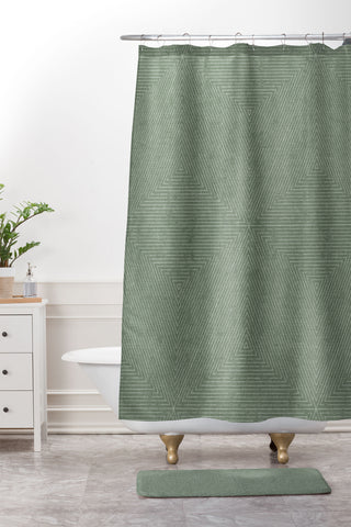 Little Arrow Design Co boho triangle stripes sage Shower Curtain And Mat