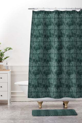 Little Arrow Design Co cadence triangles dark green Shower Curtain And Mat