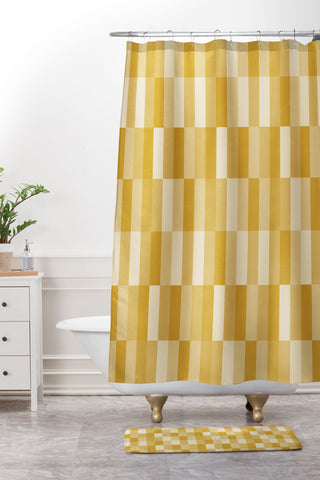 Little Arrow Design Co cosmo tile mustard Shower Curtain And Mat