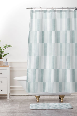 Little Arrow Design Co cosmo tile teal Shower Curtain And Mat