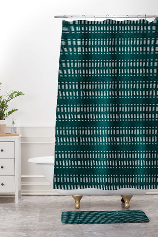 Little Arrow Design Co dash dot stripes dark teal Shower Curtain And Mat