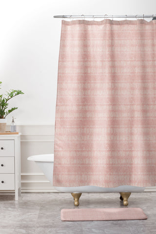 Little Arrow Design Co dash dot stripes pink Shower Curtain And Mat
