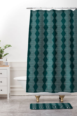 Little Arrow Design Co diamond mud cloth dark teal Shower Curtain And Mat