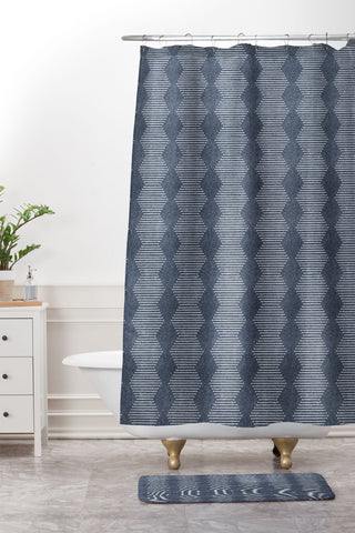 Little Arrow Design Co diamond mud cloth navy Shower Curtain And Mat