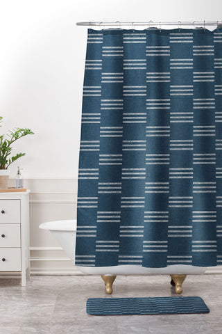 Little Arrow Design Co ella triple stripe blue Shower Curtain And Mat
