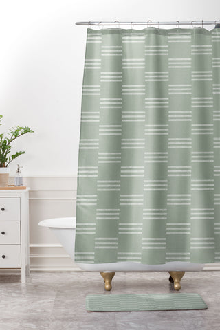 Little Arrow Design Co ella triple stripe sage Shower Curtain And Mat