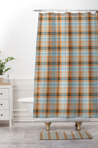 Little Arrow Design Co fall plaid orange light blue Shower Curtain And Mat