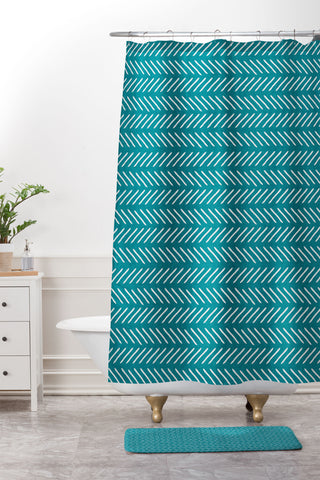 Little Arrow Design Co Farmhouse Stitch in Teal Shower Curtain And Mat