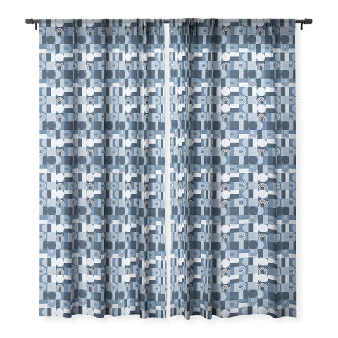 Little Arrow Design Co geometric patchwork blue Sheer Window Curtain