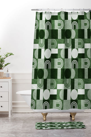 Little Arrow Design Co geometric patchwork green Shower Curtain And Mat