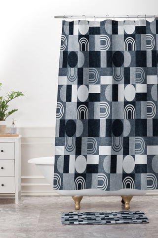 Little Arrow Design Co geometric patchwork navy Shower Curtain And Mat