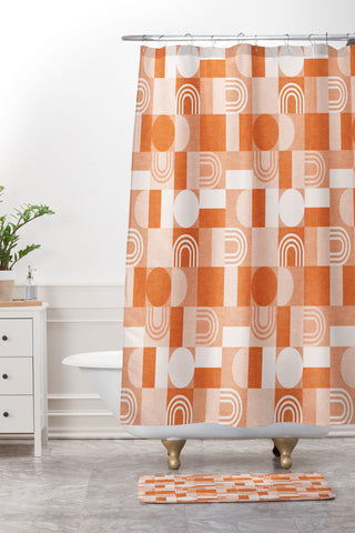 Little Arrow Design Co geometric patchwork orange Shower Curtain And Mat