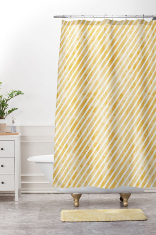 Little Arrow Design Co gold watercolor stripes diagonal Shower Curtain And Mat