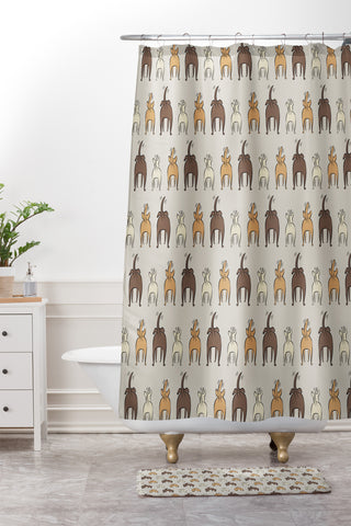 Little Arrow Design Co Happy Dogs on Beige Shower Curtain And Mat