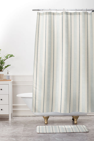 Little Arrow Design Co ivy stripes cream dusty blue Shower Curtain And Mat
