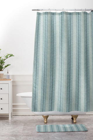 Little Arrow Design Co ivy stripes dusty blue Shower Curtain And Mat