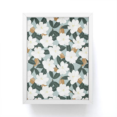 Little Arrow Design Co magnolia flowers dusty blue Framed Mini Art Print