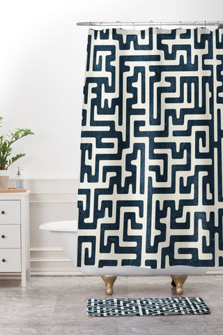 Little Arrow Design Co maze in dark blue Shower Curtain And Mat
