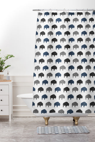 Little Arrow Design Co modern buffalo in navy and grey Shower Curtain And Mat