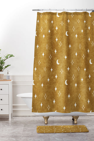 Little Arrow Design Co moon and stars mustard Shower Curtain And Mat