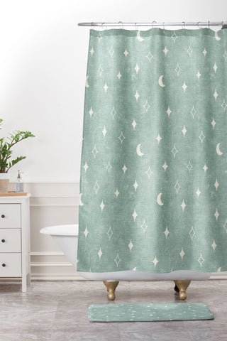 Little Arrow Design Co moon and stars surf blue Shower Curtain And Mat