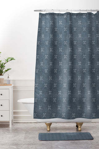 Little Arrow Design Co mud cloth cross navy Shower Curtain And Mat