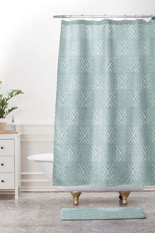 Little Arrow Design Co mud cloth tile dusty blue Shower Curtain And Mat