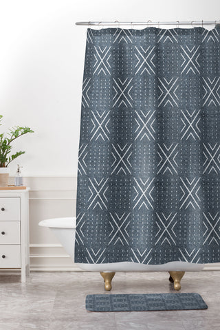 Little Arrow Design Co mud cloth tile navy Shower Curtain And Mat