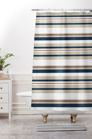 Little Arrow Design Co multi stripes tan blue Shower Curtain And Mat