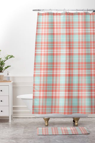 Little Arrow Design Co plaid in coral and blue Shower Curtain And Mat