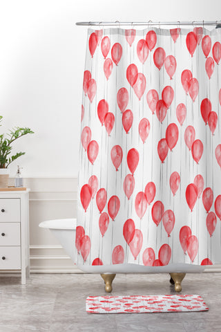 Little Arrow Design Co red watercolor balloons Shower Curtain And Mat