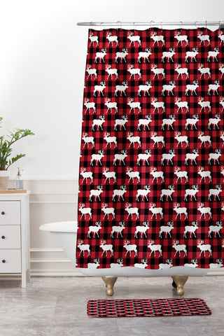 Little Arrow Design Co reindeer on buffalo plaid Shower Curtain And Mat