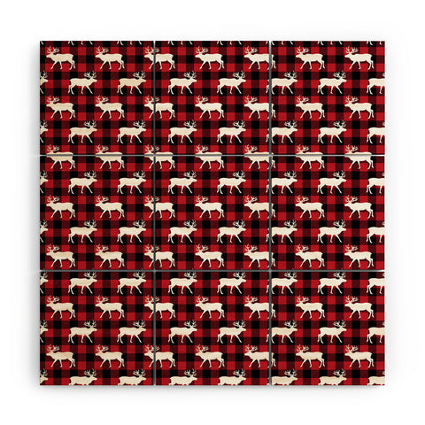 Little Arrow Design Co reindeer on buffalo plaid Wood Wall Mural