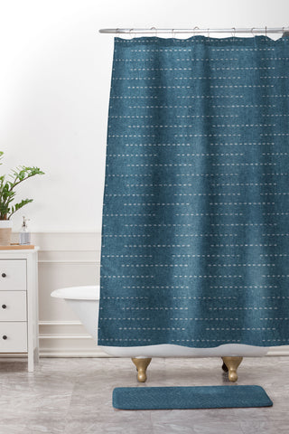 Little Arrow Design Co running stitch stone blue Shower Curtain And Mat
