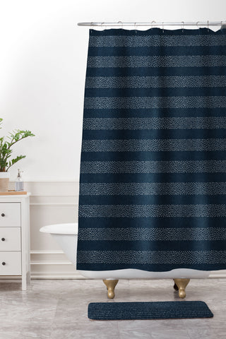 Little Arrow Design Co stippled stripes navy blue Shower Curtain And Mat
