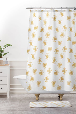 Little Arrow Design Co Suns golden on white Shower Curtain And Mat